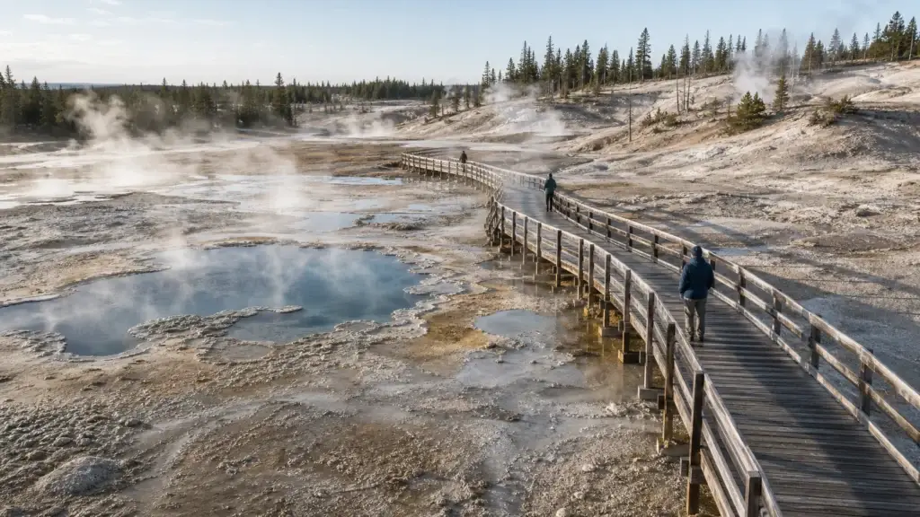 Named Yellowstone geyser basin with visible designated boardwalk