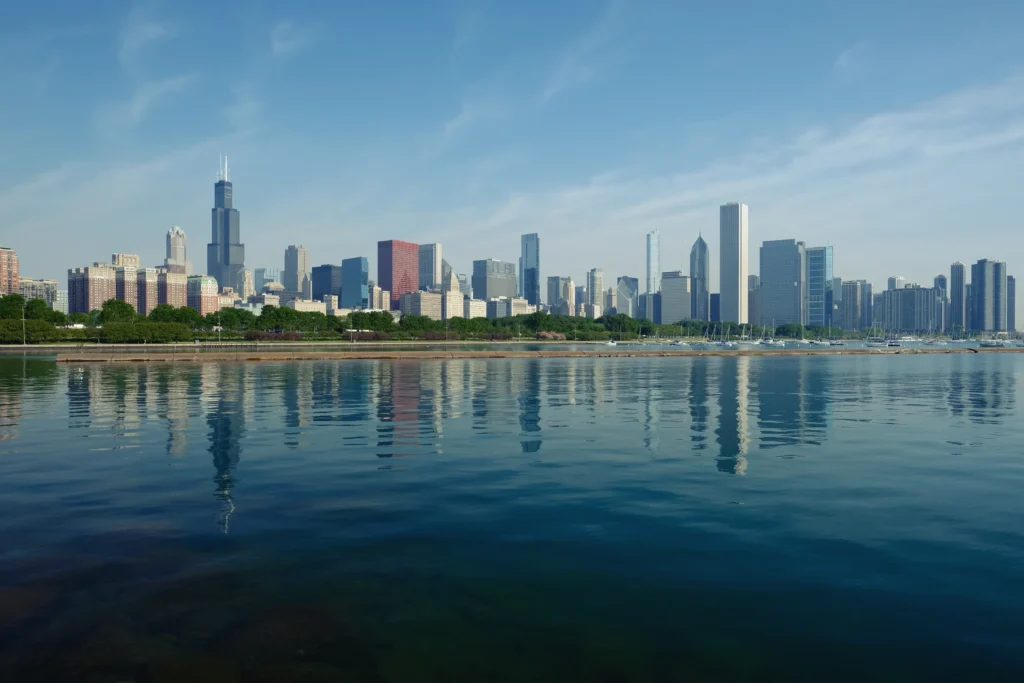 Chicago skyline from Lake Michigan or the Chicago River with recognizable city geography