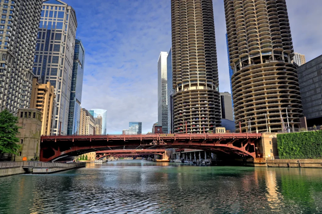 Chicago River and downtown architecture around River North or the Loop