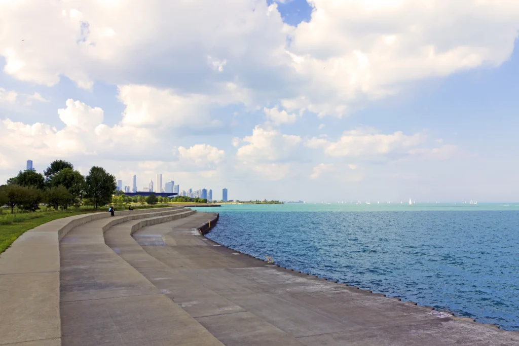 Chicago Lakefront Trail or Lake Michigan shoreline with visible Chicago context