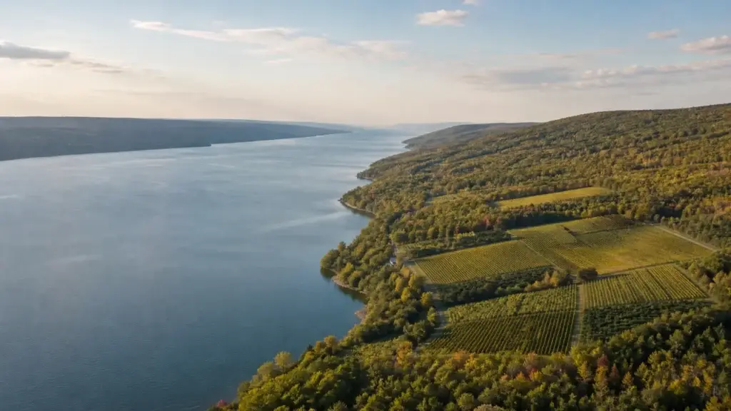Named Finger Lake with shoreline, slope and agricultural context