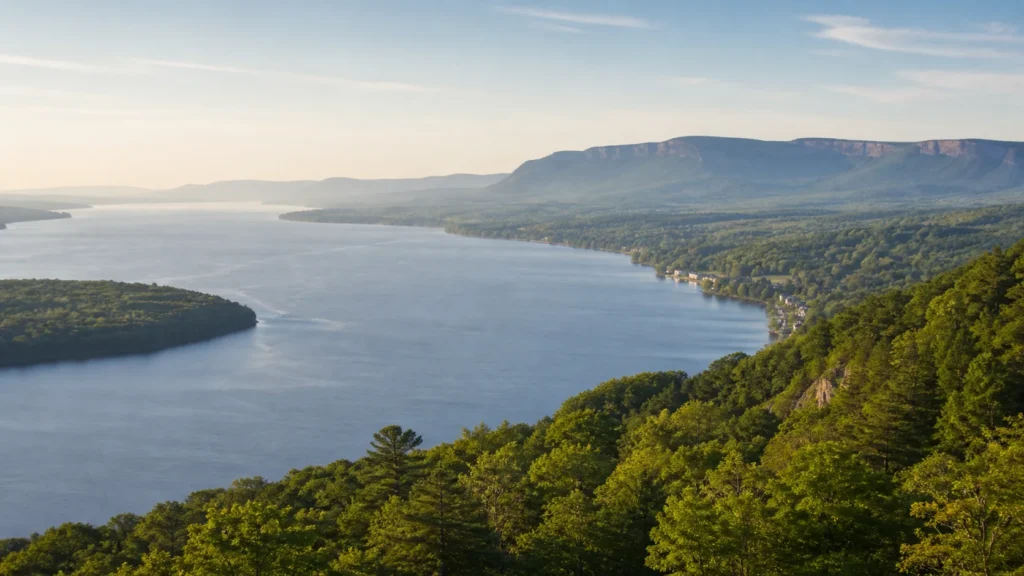 Hudson River with Catskill Mountains or Hudson Valley landscape with exact geographic metadata