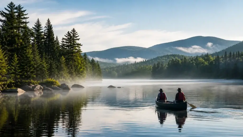 Named Adirondack lake or pond paddle with exact metadata and safe PFD use