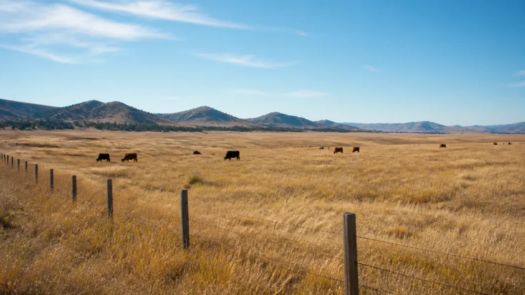Montana ranch landscape with pasture, fencing, horses or cattle and broad sky