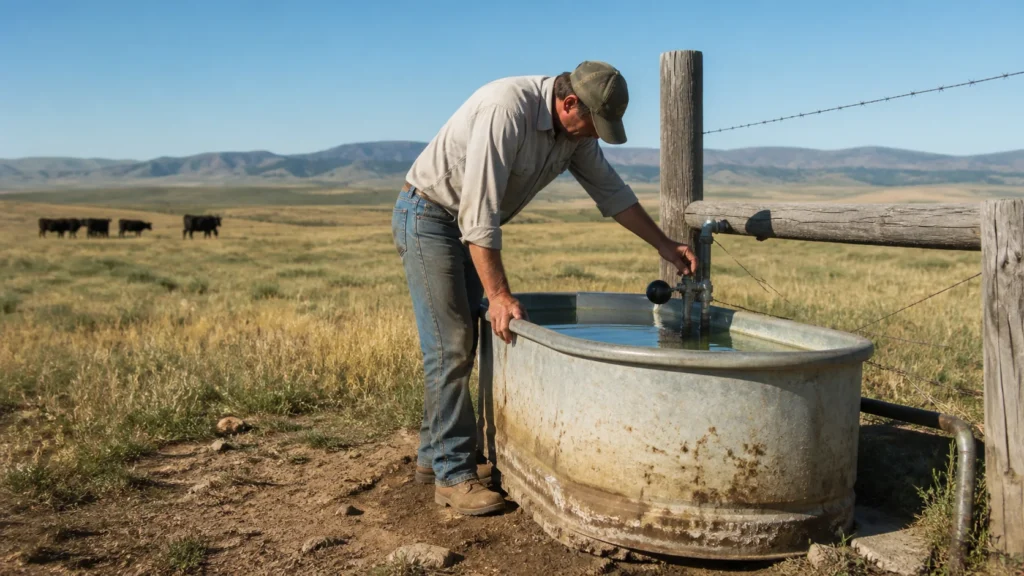 Montana rancher or steward checking pasture, water, fencing or livestock in a non-staged scene