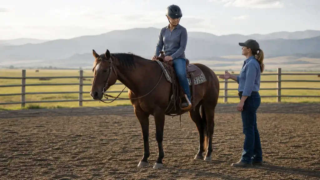 Montana rider and instructor in an arena or controlled horsemanship lesson