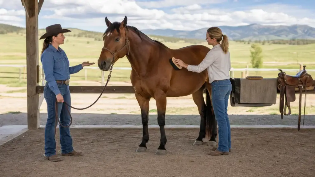 Montana guide demonstrating grooming, tack or groundwork with one horse and traveler