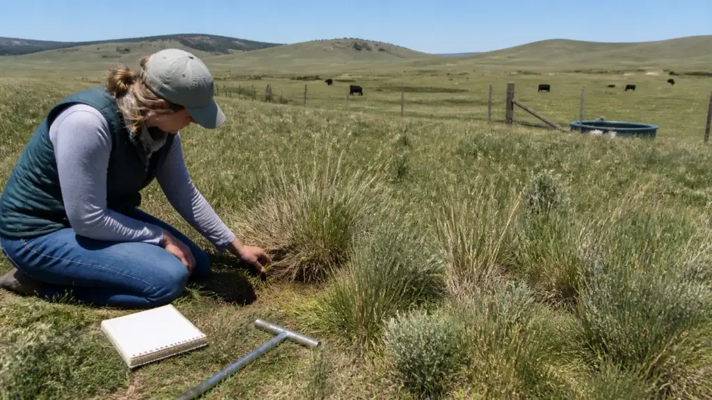 Montana rangeland steward examining grass, soil, water or rotational grazing infrastructure