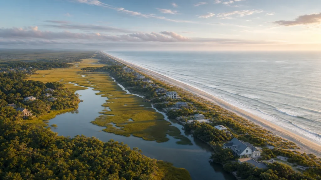 Pawleys Island, Litchfield Beach or Murrells Inlet South Carolina coast with beach and marsh context