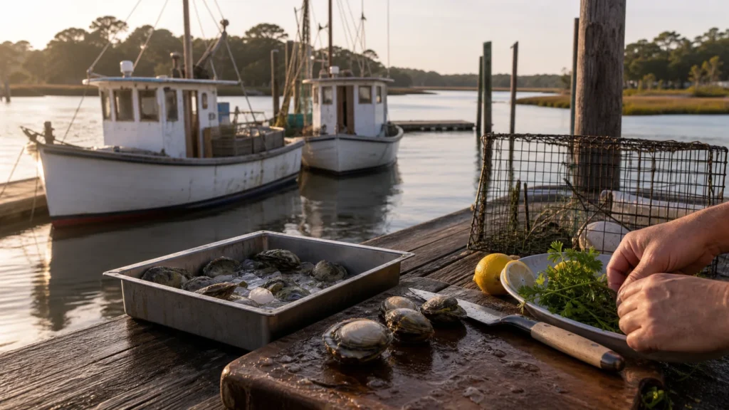 Murrells Inlet South Carolina working waterfront, seafood landing or creek-to-table context
