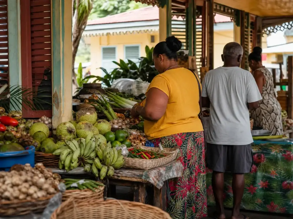 Victoria Mahé Creole market or architecture