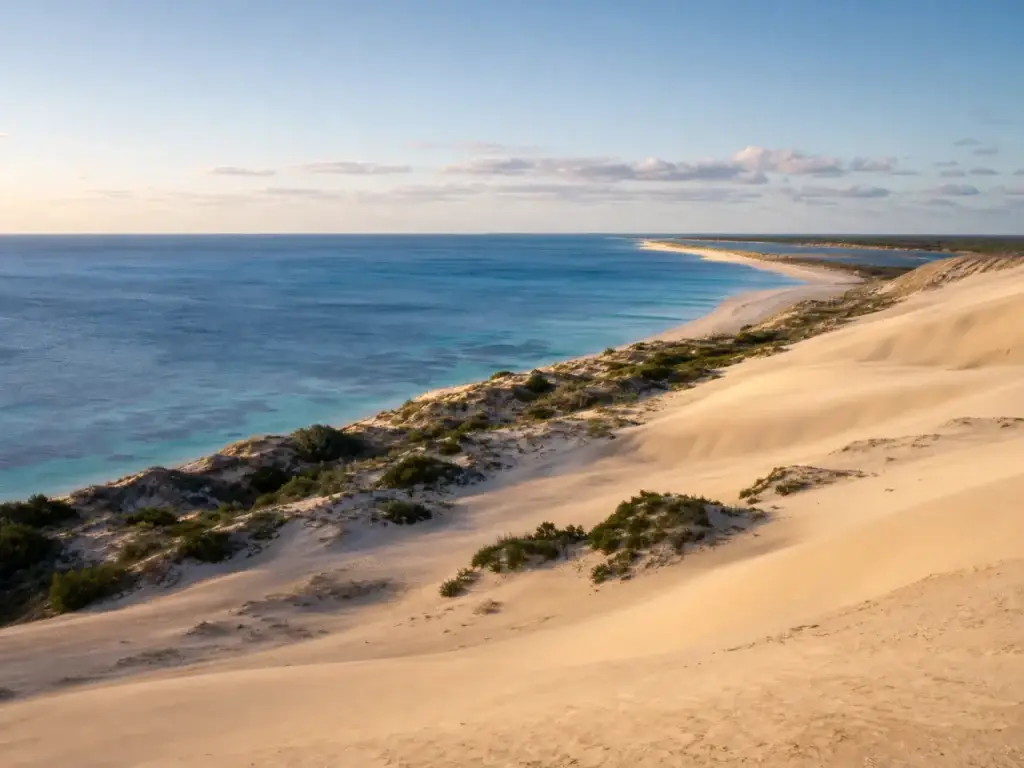AI-generated editorial visualization: Bazaruto Archipelago dunes and sea. Not a documentary photograph.