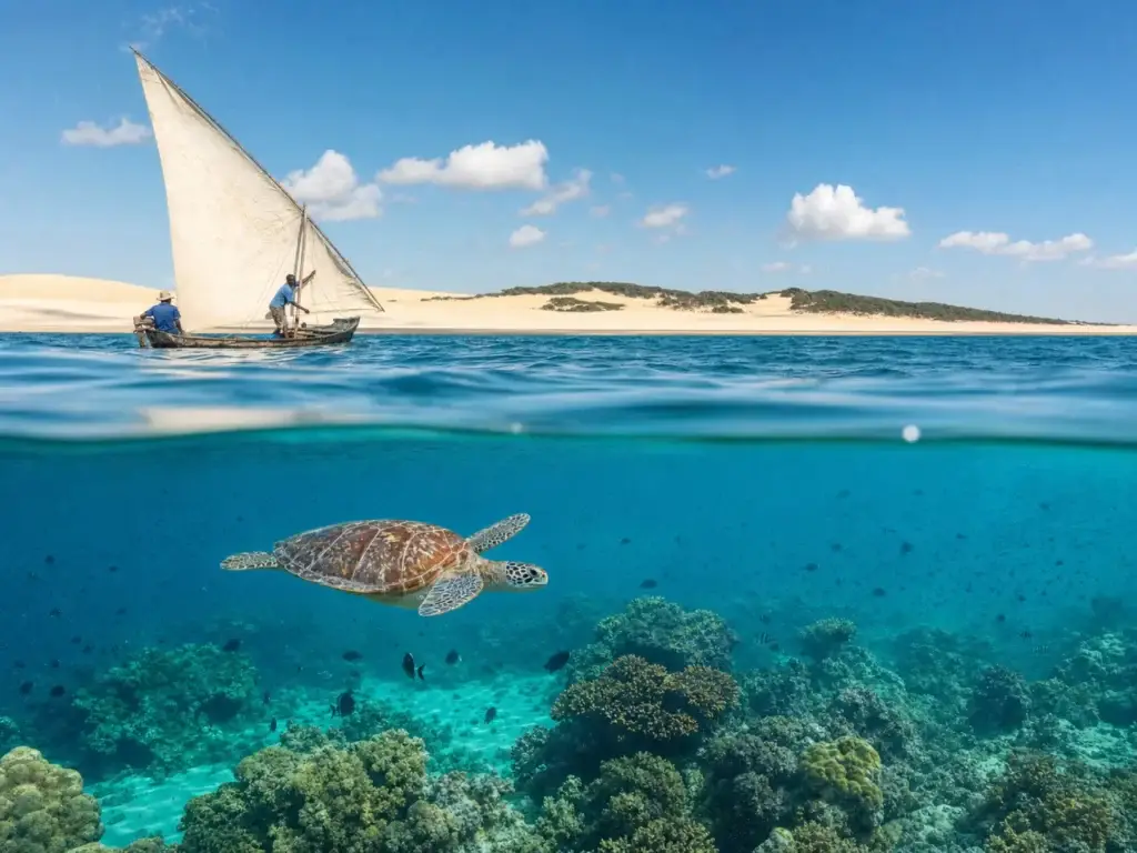 AI-generated editorial visualization: Bazaruto marine ecology. Not a documentary photograph.