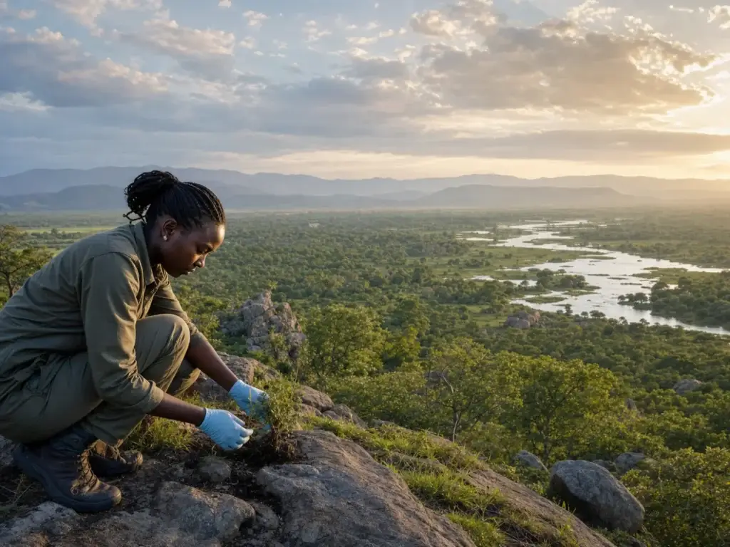 AI-generated editorial visualization: Gorongosa conservation science. Not a documentary photograph.