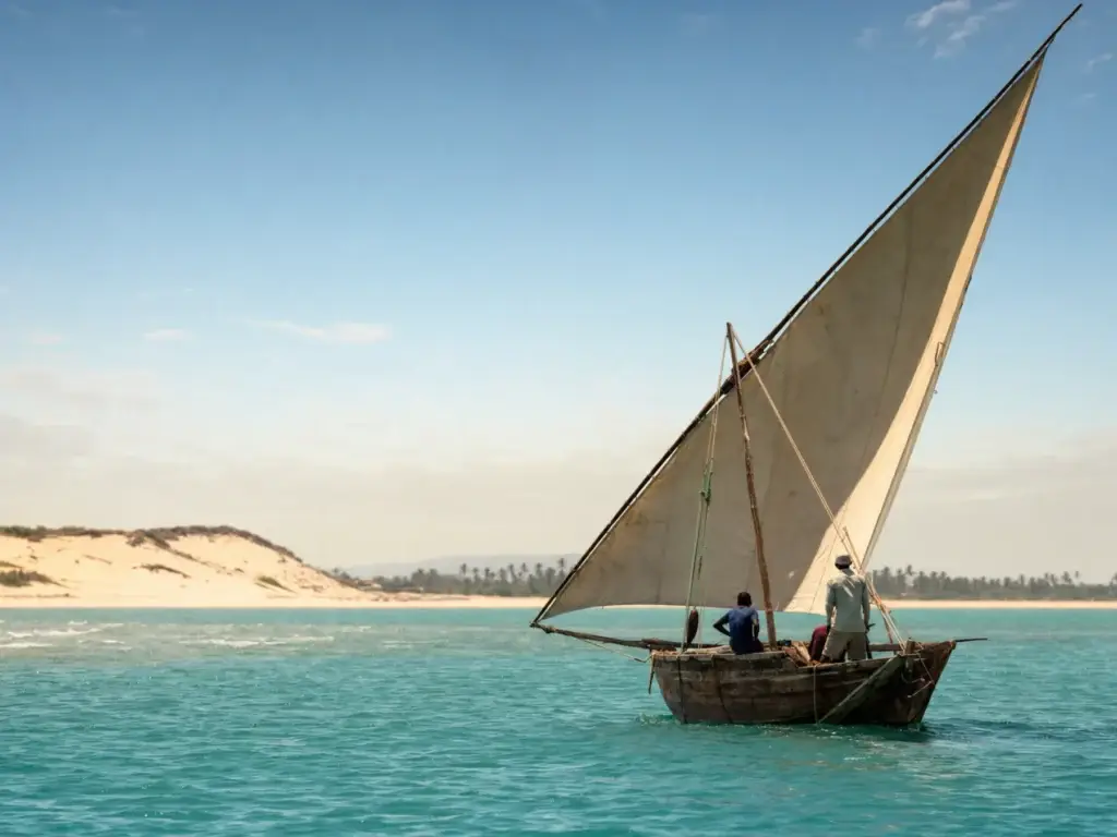 AI-generated editorial visualization: Mozambican dhow sailing. Not a documentary photograph.