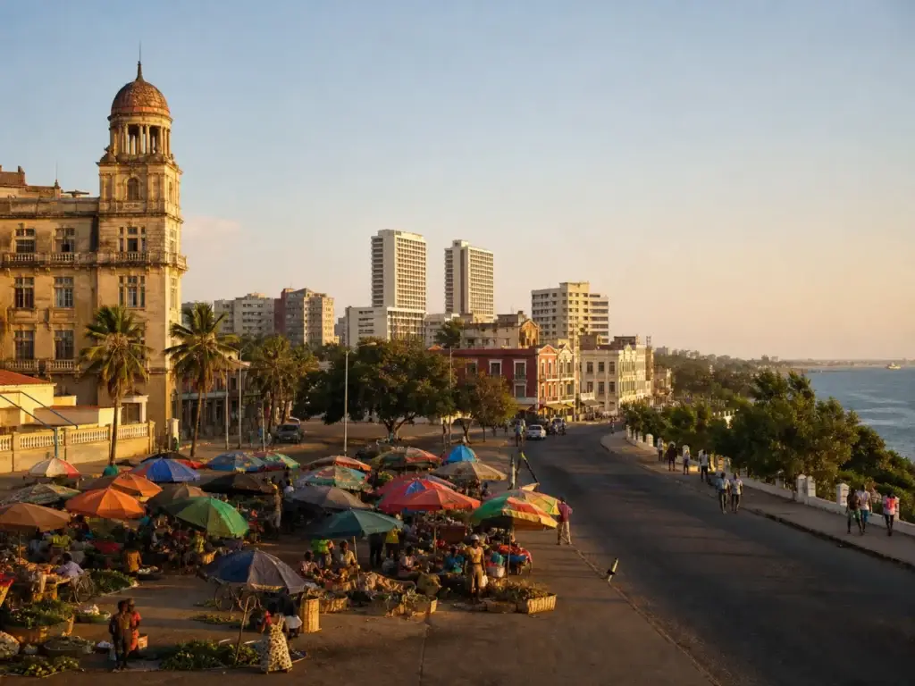 AI-generated editorial visualization: Maputo architecture and market. Not a documentary photograph.