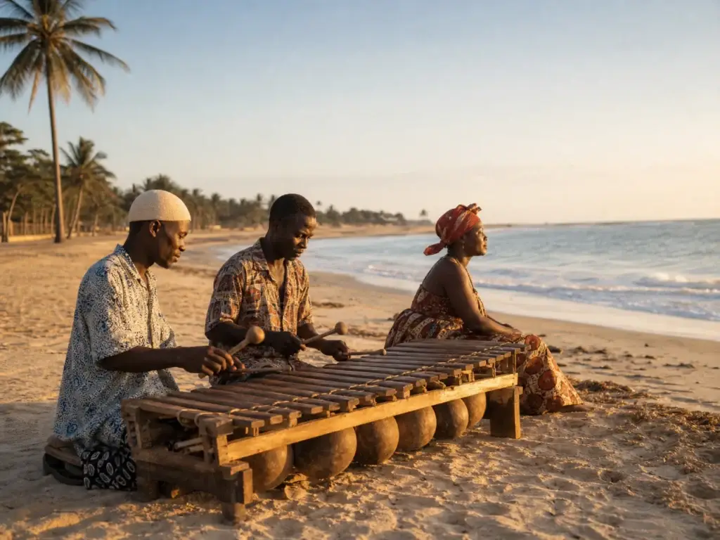 AI-generated editorial visualization: Timbila musical heritage context. Not a documentary photograph.